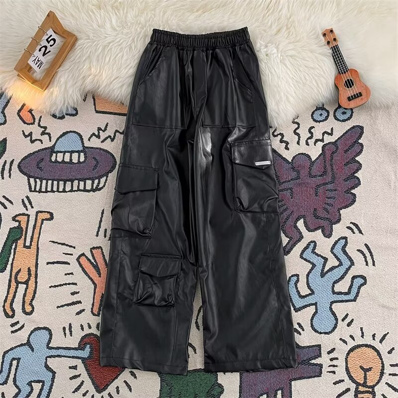 Leather Work Overalls - Harajuku Męskie spodnie ze skóry PU