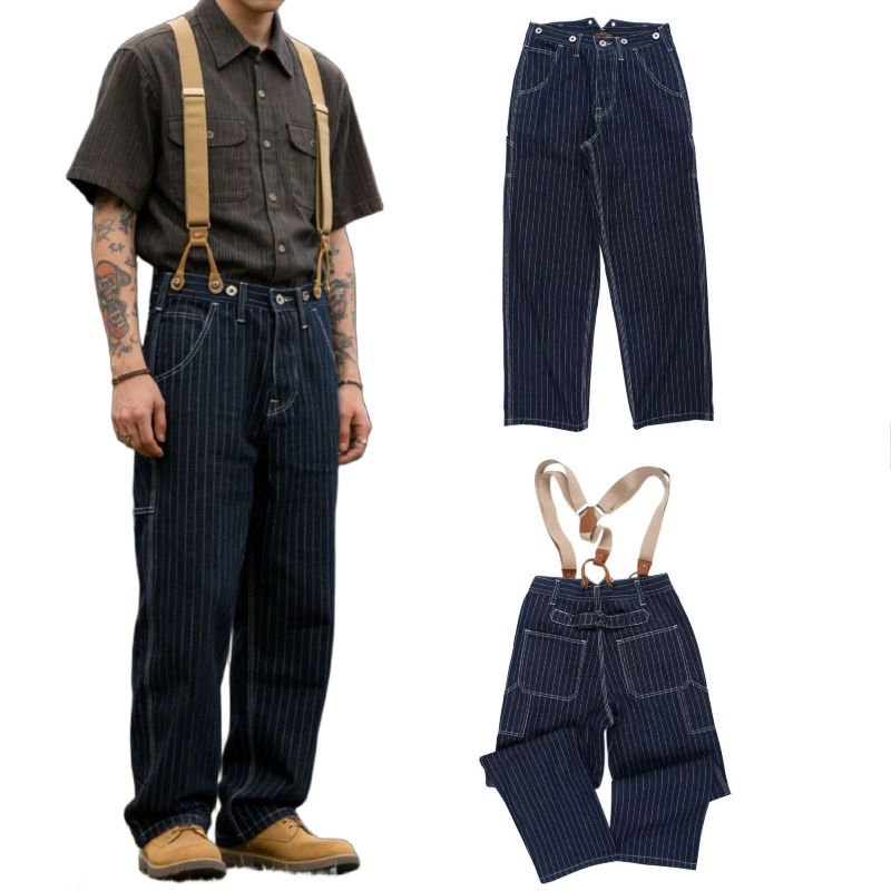 Leather Work Overalls - Męskie dżinsowe ogrodniczki w stylu vintage